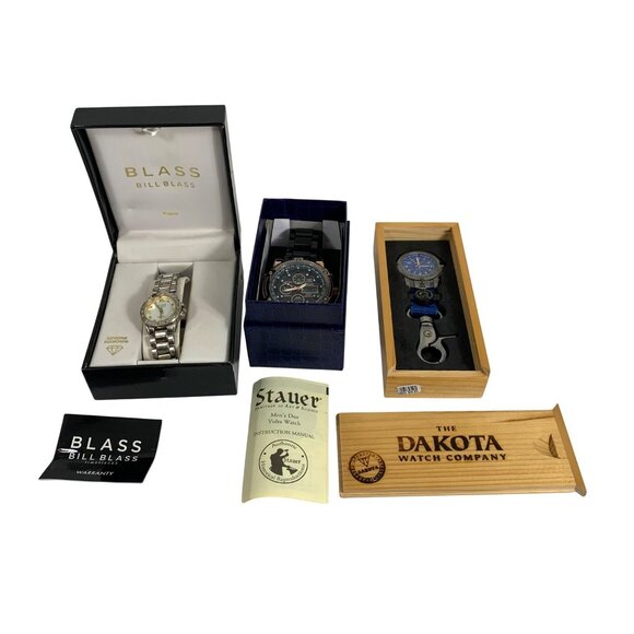 Lot Of 3 Watches: Bill Blass, Stauer & Dakota Watch Co. S/S  Box/Manual UNTESTED - Picture 2 of 14